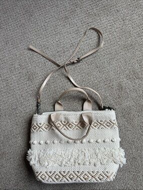Neutral Woven Fringe metallic mixed media shoulder bag!